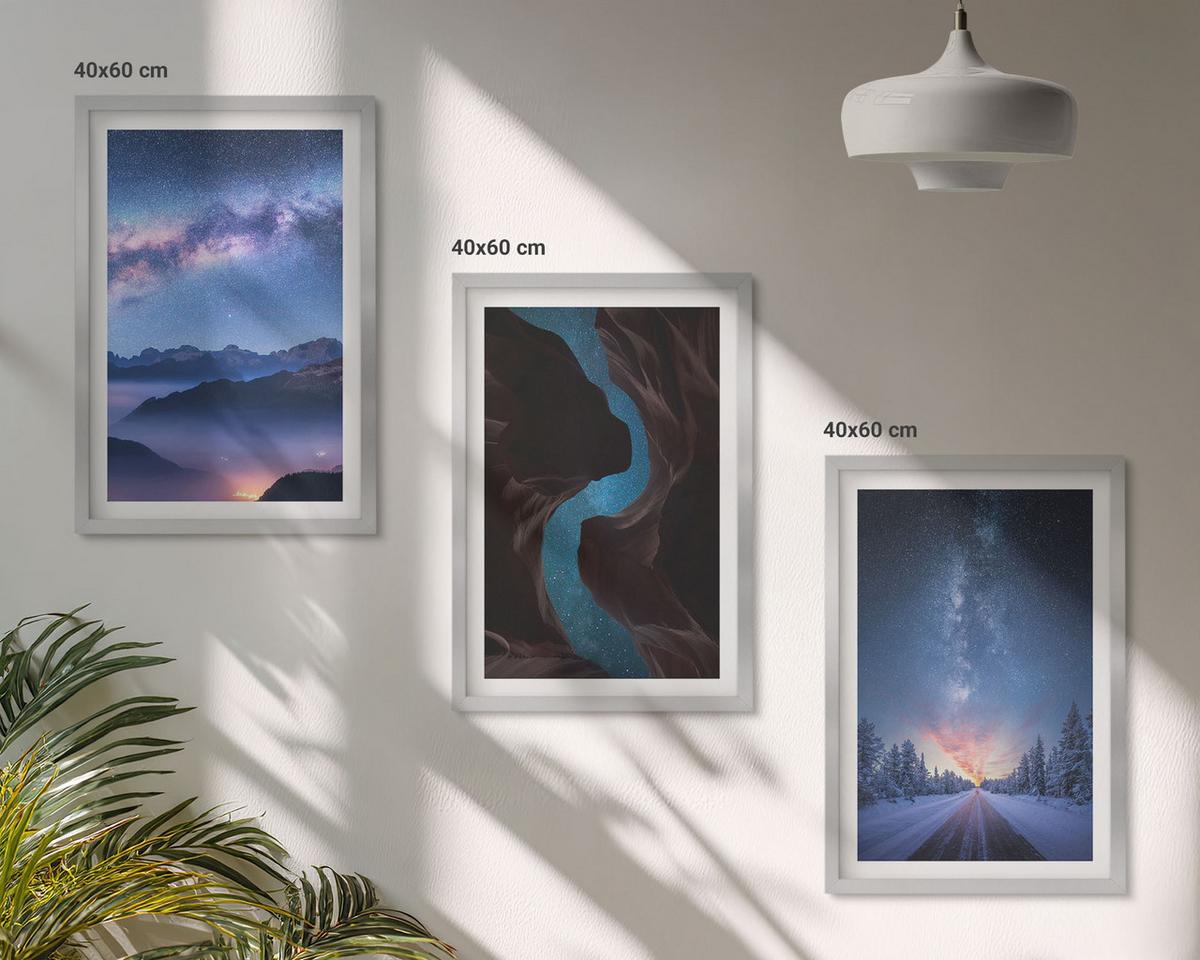 BILDER SET 3er Set - 40x60 cm Silberner Rahmen - Nachthimmel, Berge, Winterlandschaft - Silberfarben, Kunststoff (40/60cm) - TULUP