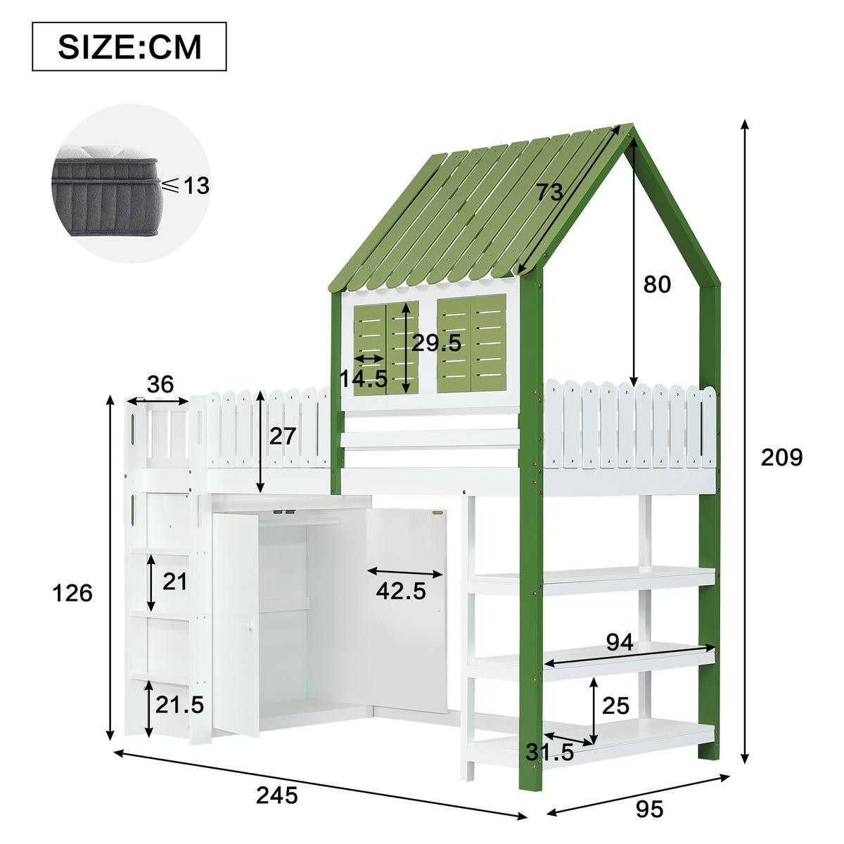 HOCHBETT, KINDERBETT Mit Leiter und Stauraum Grün und Weiß - Weiß/Grün, Holzwerkstoff - Urban Meuble