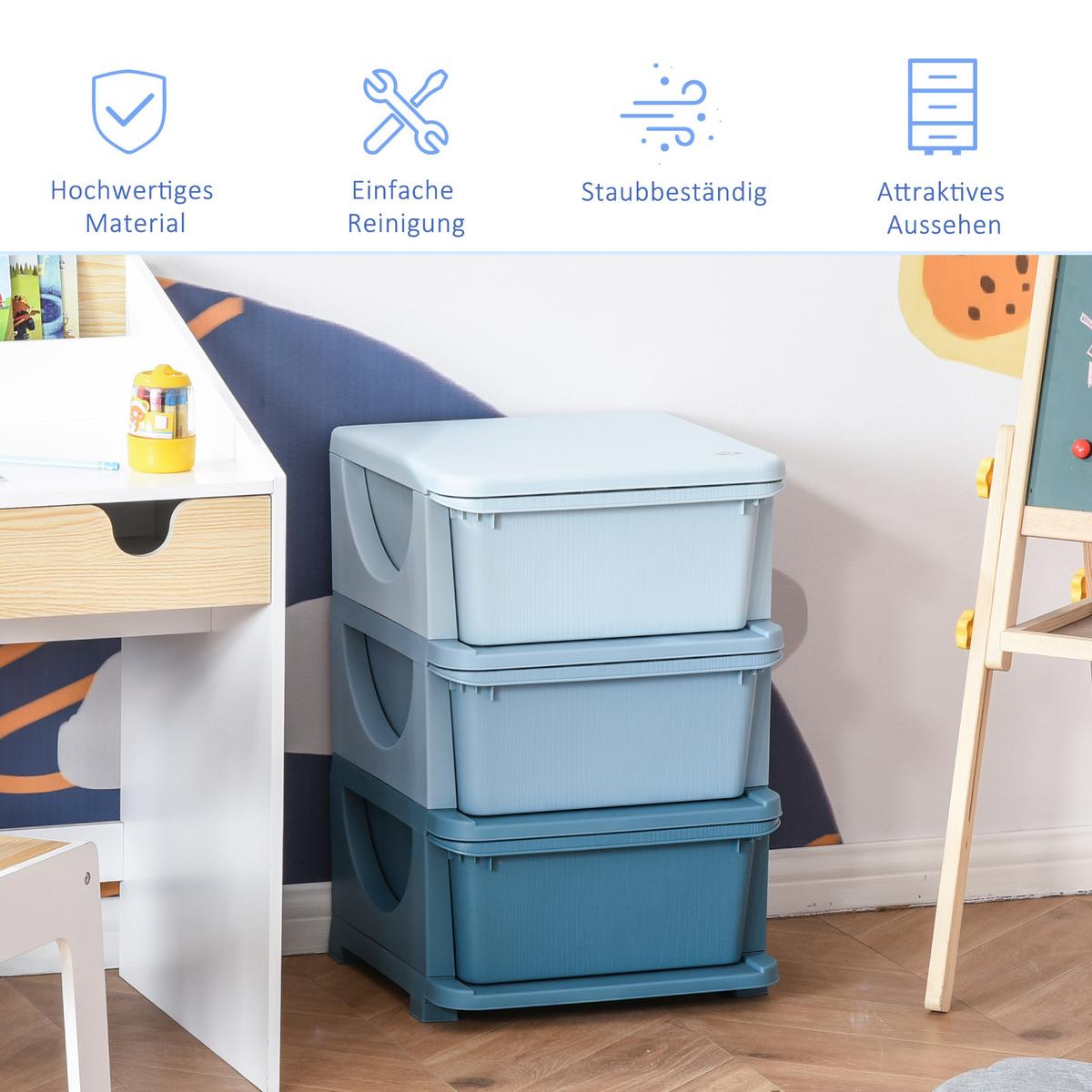 AUFBEWAHRUNGSBOXEN für Kinder, 3 große Schubladen, Kunststoff, Blau - Blau, Kunststoff (37/56.5/37cm) - HOMCOM