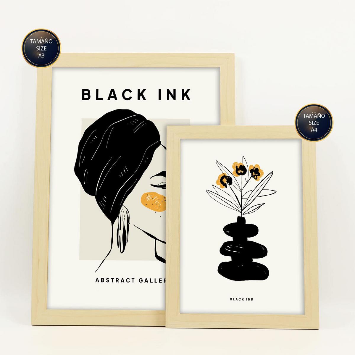POSTER Set Mit 6 In Schwarzer Tinte Natürlich Künstlerische Und Abstrakte Drucke Für Innenarchitektur A3 & A4 Rahmen Aus Hellem Holz - Beige, Papier (29/3cm) - Nacnic