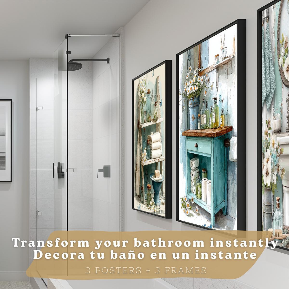POSTER Set 3 dekorative Badezimmer-Poster im Cottage-Stil für Wand, Waschbecken, Dusche, florale Dekoration mit Badezimmermöbeln Schwarzer Rahmen A4 - Schwarz, Papier (29.7/21/3cm) - Nacnic