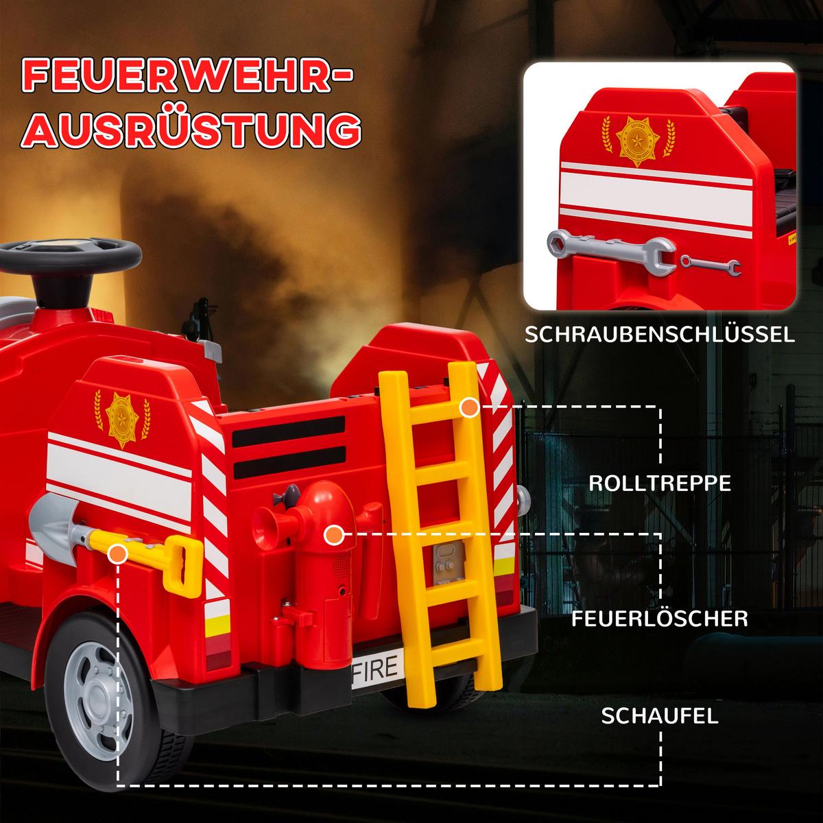 FEUERWEHRAUTO, max. 3 km/h, Sirene, Blaulicht, Werkzeuge, für Kinder 3-5 Jahre - Rot, Metall (86/49/52cm) - AIYAPLAY