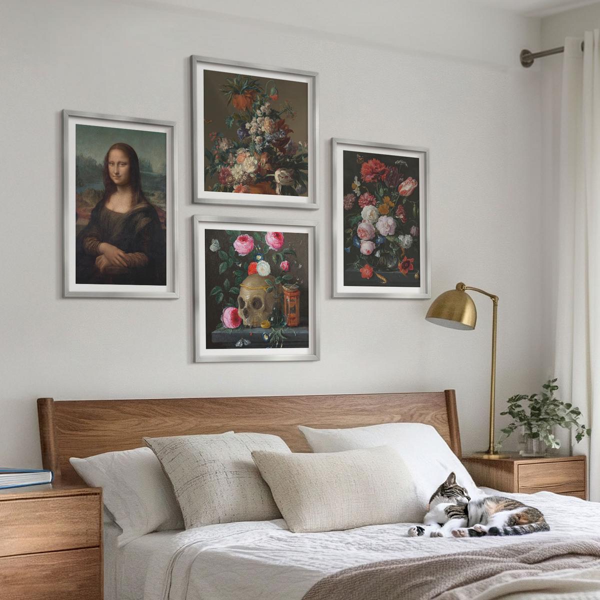 BILDER SET 4er Set - 50x50 cm & 40x60 cm Silberner Rahmen - Vintage Blumen Totenkopf Mona Lisa - Silberfarben, Kunststoff (50/50cm) - TULUP