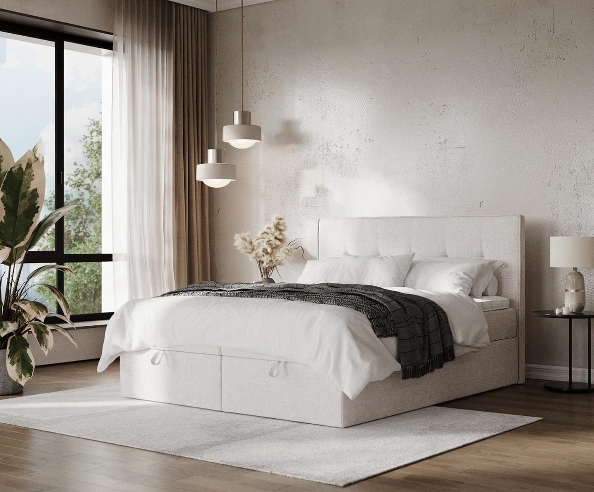 BOXBETT Tivra 180/200 cm Hellbeige im Neve Stoff - Sandfarben/Schwarz, Holz/Holzwerkstoff (180/200cm) - AltaBeds