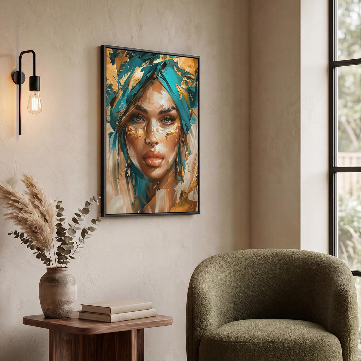 LEINWAND Bilder mit Rahmen - Frau - Porträt - Gold - Luxus - Blau - 50x70 - Türkis, Textil (50/70cm) - MuchoWow