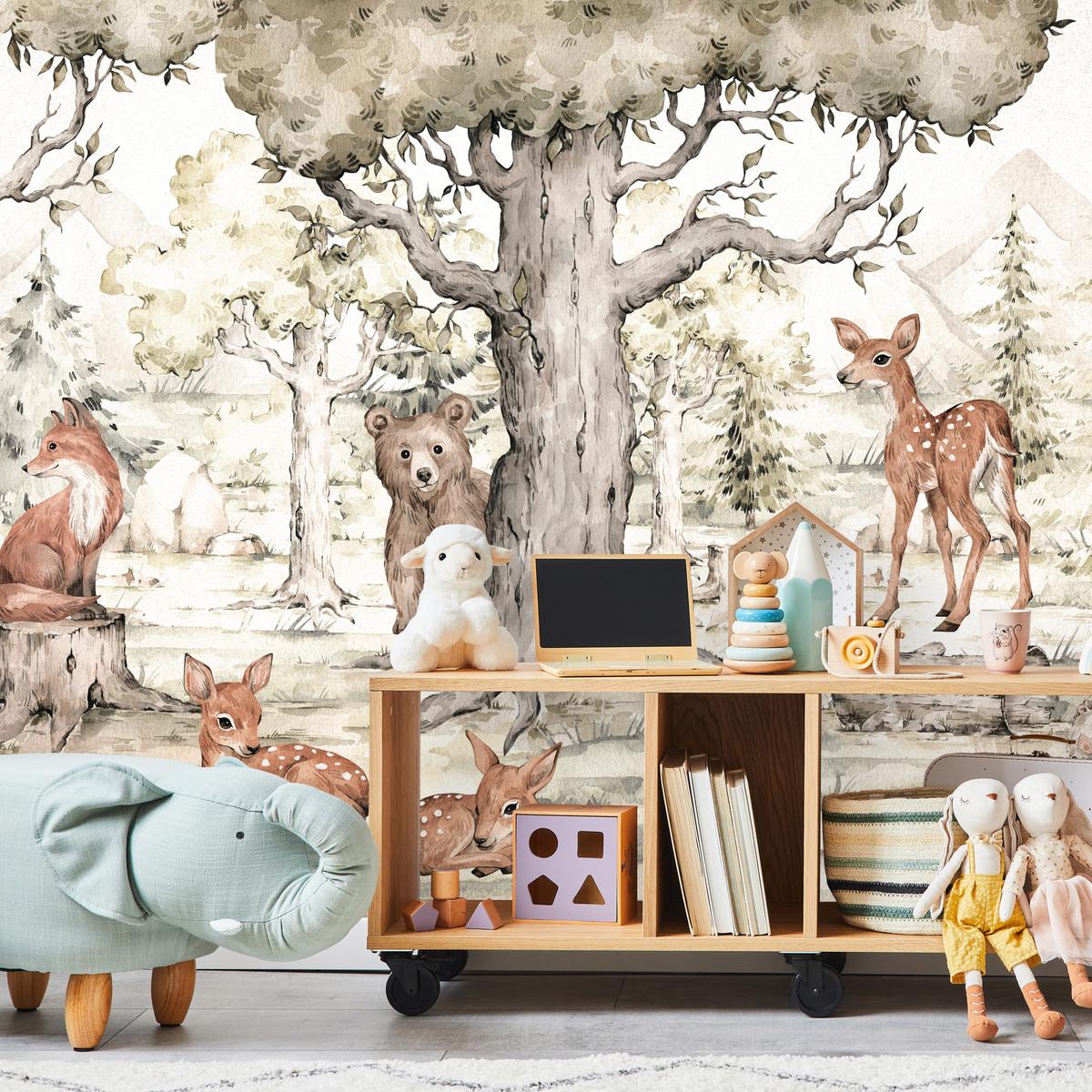 FOTOTAPETE für Kinderzimmer Waldtiere Aquarell Bär Fuchs Reh Bäume 200x140 - Beige/Orange, Papier (200/140cm) - Muralo