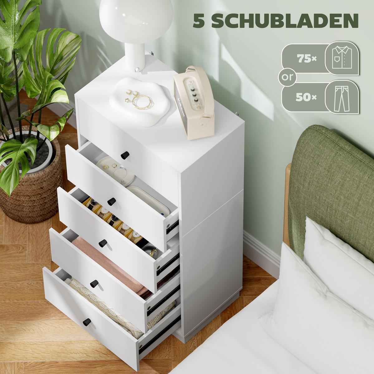KOMMODE Sideboard mit 5 Schubladen Schrank aus Holzwerkstoff 47 x 29 x 95 cm Weiß - Weiß, Holzwerkstoff (29/95/47cm) - HOMCOM