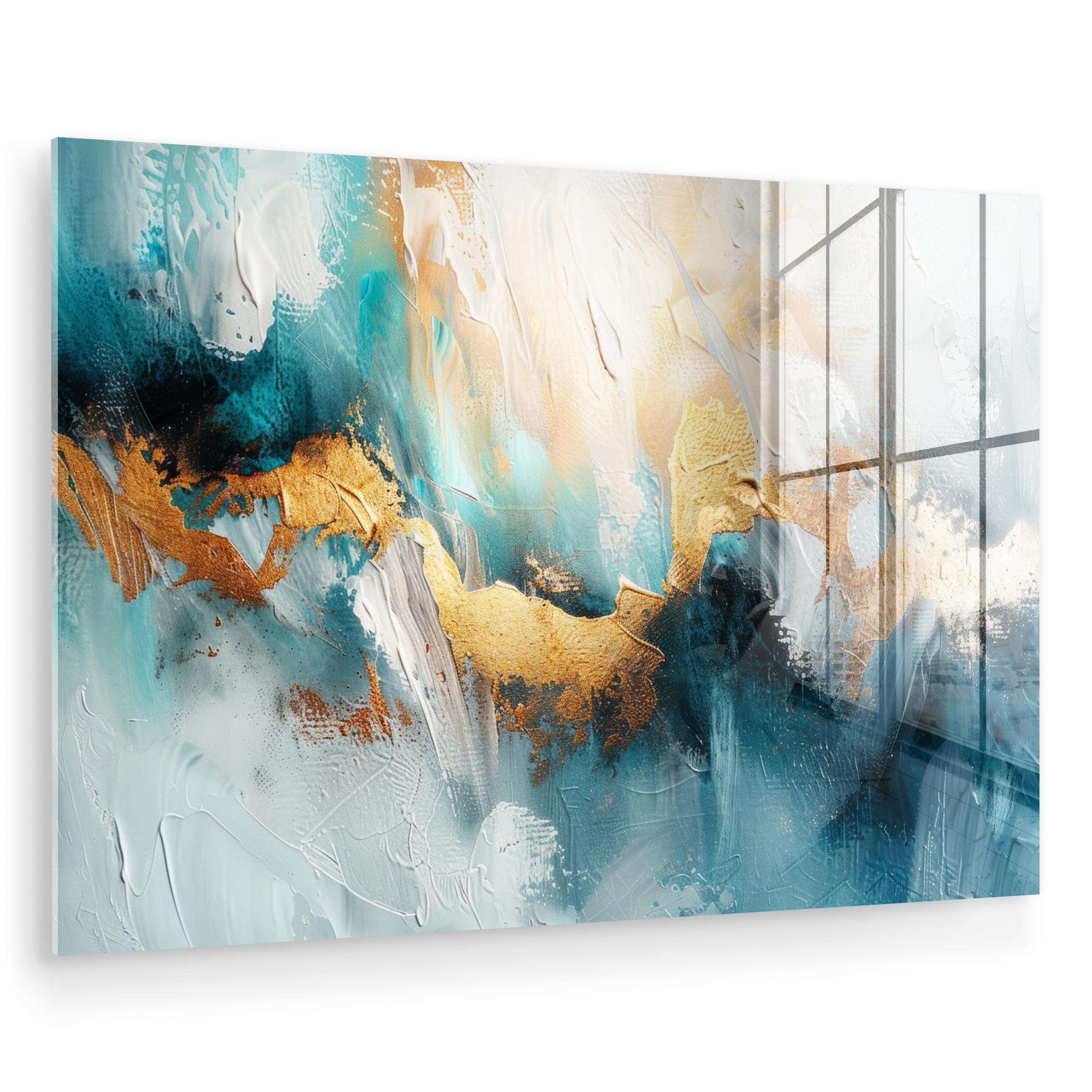 ACRYLGLASBILD Abstrakt - Kunst - Gold - Blau Wandbild Schlafzimmer 120x80 cm - Petrol, Glas (120/80cm) - MuchoWow
