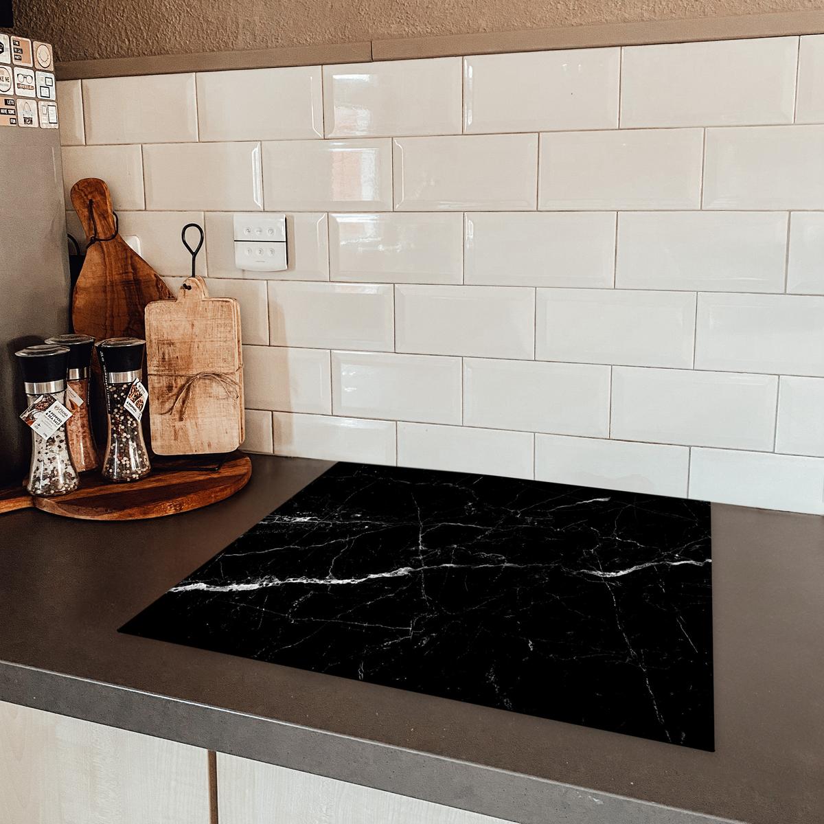 HERDABDECKPLATTE Marmoroptik - Schwarz - Luxus Herdabdeckung Induktionsfeld 60x52 cm - Grau, Kunststoff (60/52/0.2cm) - MuchoWow
