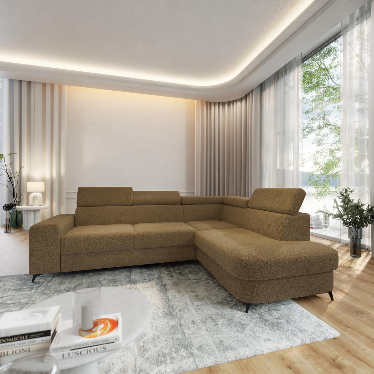 ECKSOFA ALVORO R-S Orange Boucle-Stoff mit Schlaffunktion - Orange, Holz (253/190cm) - MASSENO