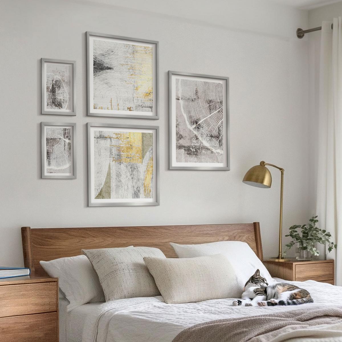 BILDER SET 5er Set - 50x50 cm & 20x30 cm & 40x60 cm Silberner Rahmen - Beige abstrakte Formen Linien - Silberfarben, Kunststoff (40/60cm) - TULUP