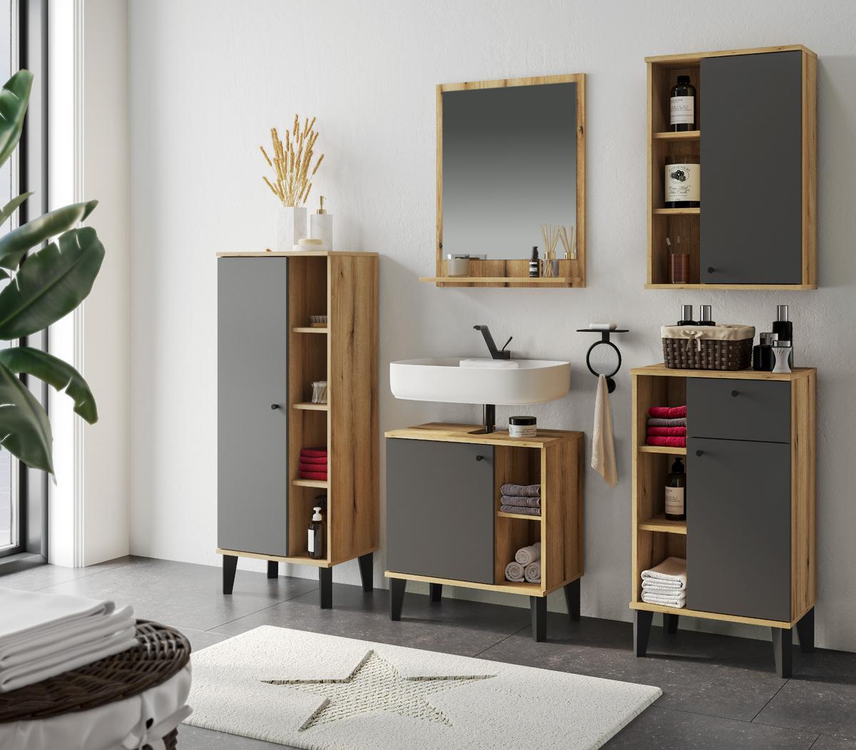 BADMÖBEL-SET 5-teilig grau, Evoke Eiche, Badkombination, 182 x 190 cm - Eichefarben/Grau, Glas/Holzwerkstoff (182/190/33cm) - Furn.Design