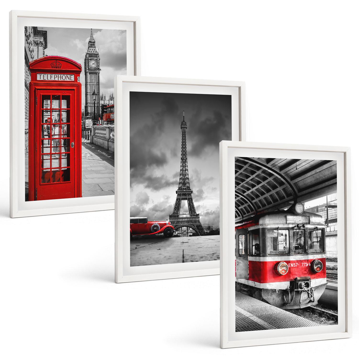 BILDER SET 3er Set - 40x60 cm Weißer Rahmen - Ikonen London Paris Verkehr - Weiß, Kunststoff (40/60cm) - TULUP