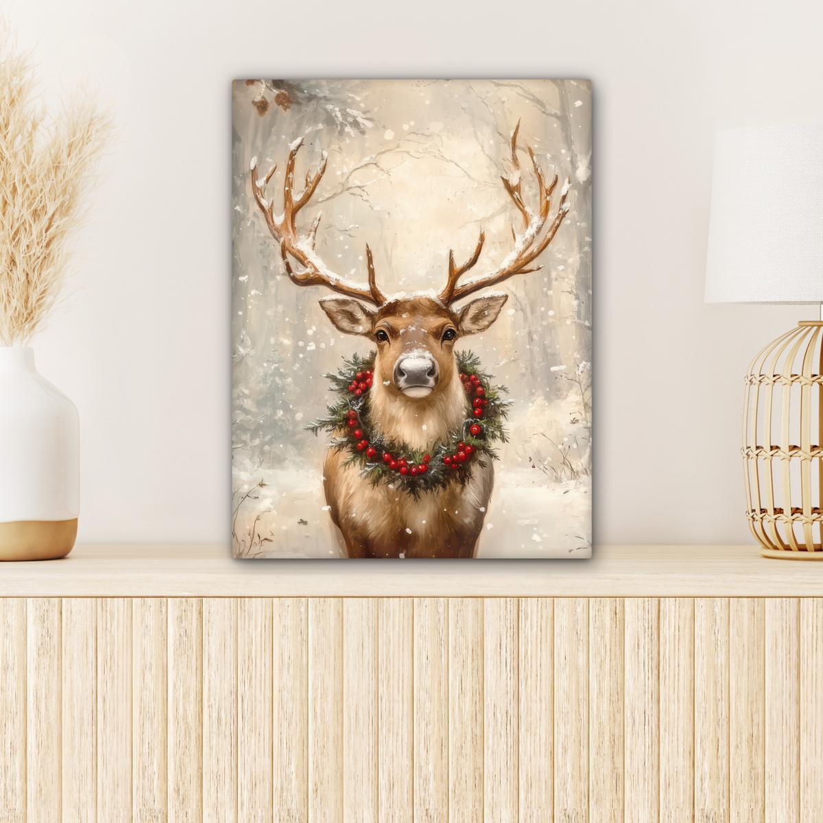LEINWANDBILD Weihnachten - Rentier - Winter - Kranz Room Decor 30x40 cm - Naturfarben, Textil (30/40cm) - MuchoWow