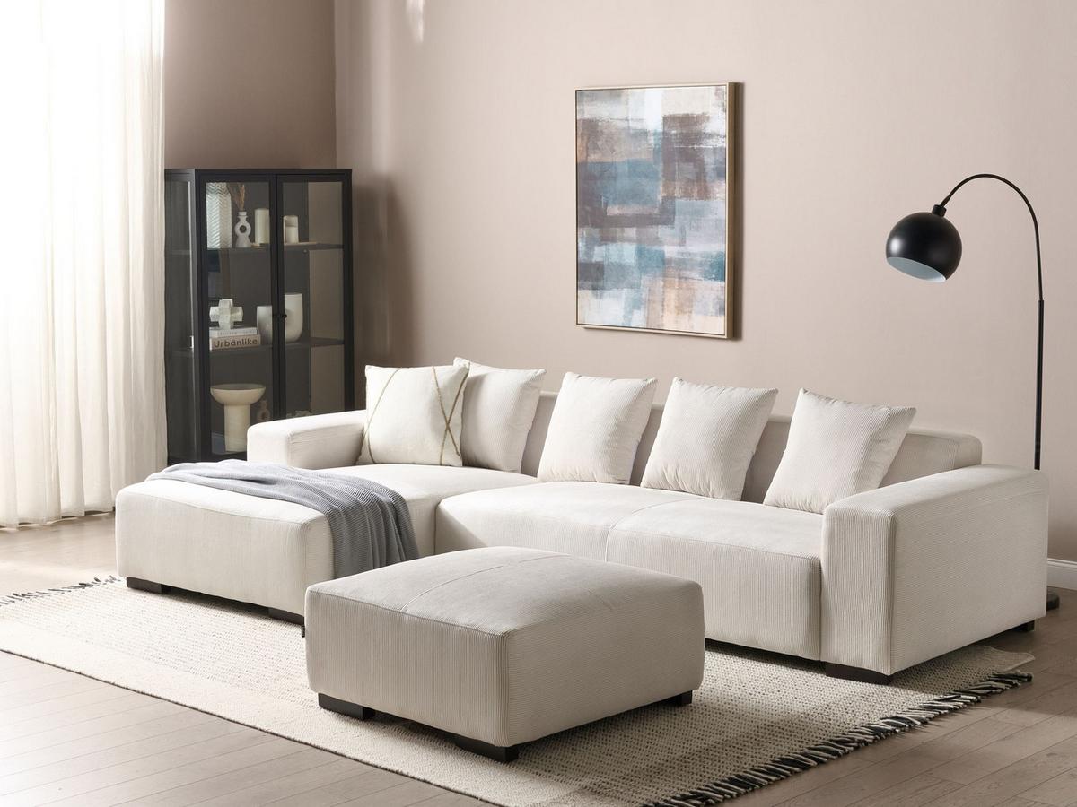 ECKSOFA 4-Sitzer Cord Cremeweiß mit Ottomane rechtsseitig Lungo - Creme/Weiß, Textil (285/160cm) - Beliani