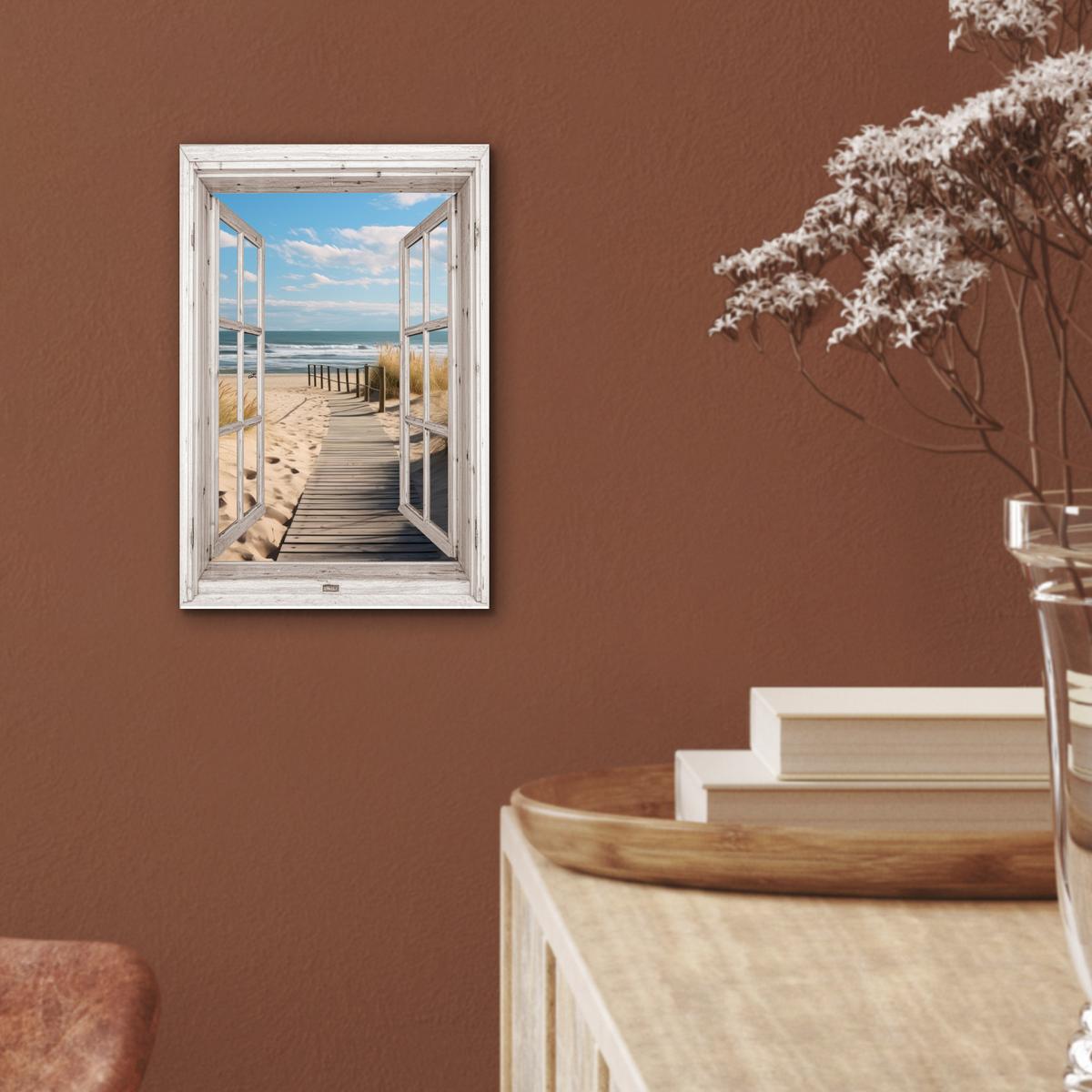 METALLBILD Fenster - Meer - Küste - Natur - Ausblick - Strand - Wattenmeer 20x30 cm - Beige, Metall (20/30cm) - MuchoWow