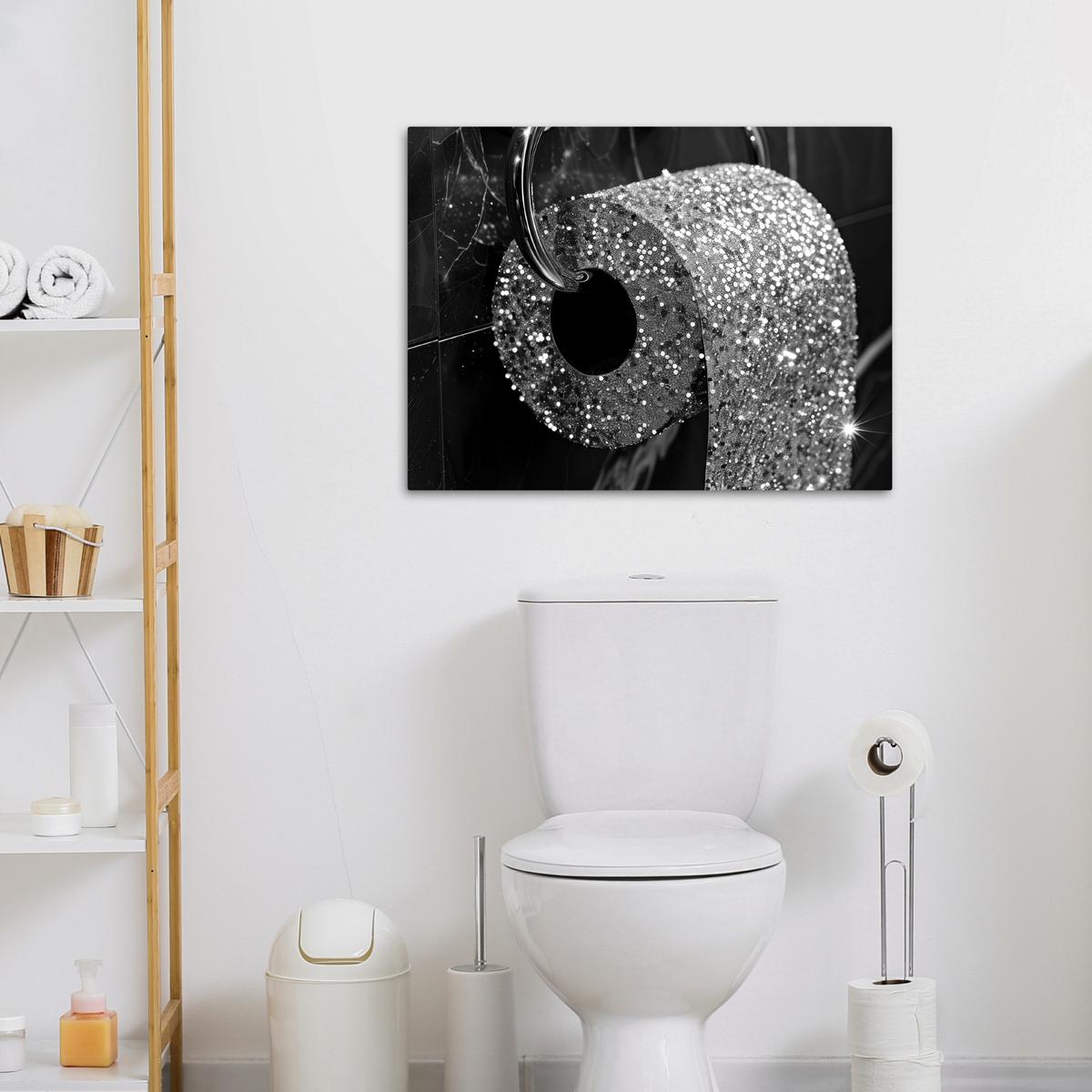 LEINWANDBILD WC - Toilettenpapier - Schwarz und weiß - Glitter Wanddeko Schlafzimmer 70x50 cm - Silberfarben, Textil (70/50cm) - MuchoWow
