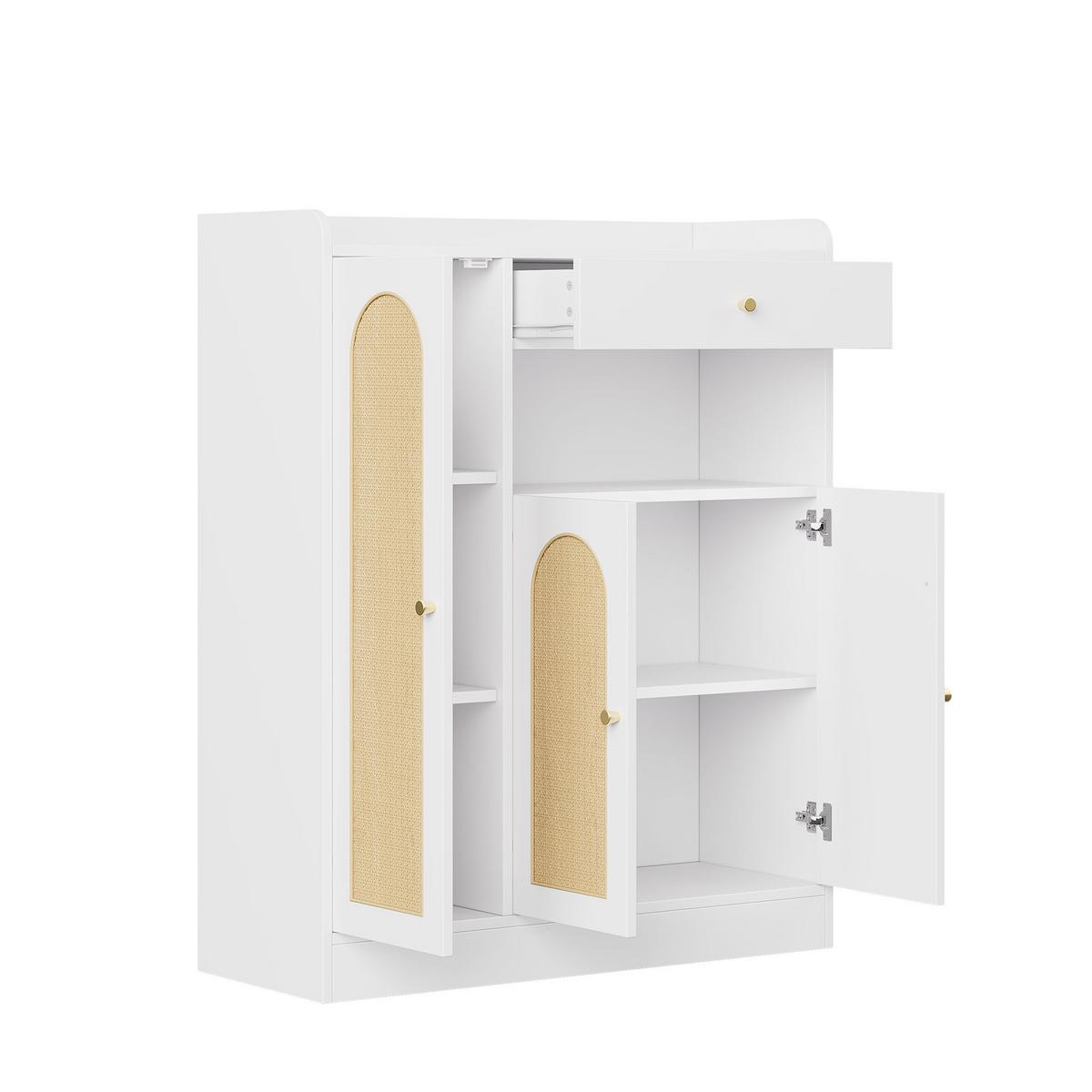 SCHUHESCHRANK Rattan Weiß & Natur Mit 3 Türen & 1 Schublade - Weiß, Holzwerkstoff (90/110/35cm) - Urban Meuble