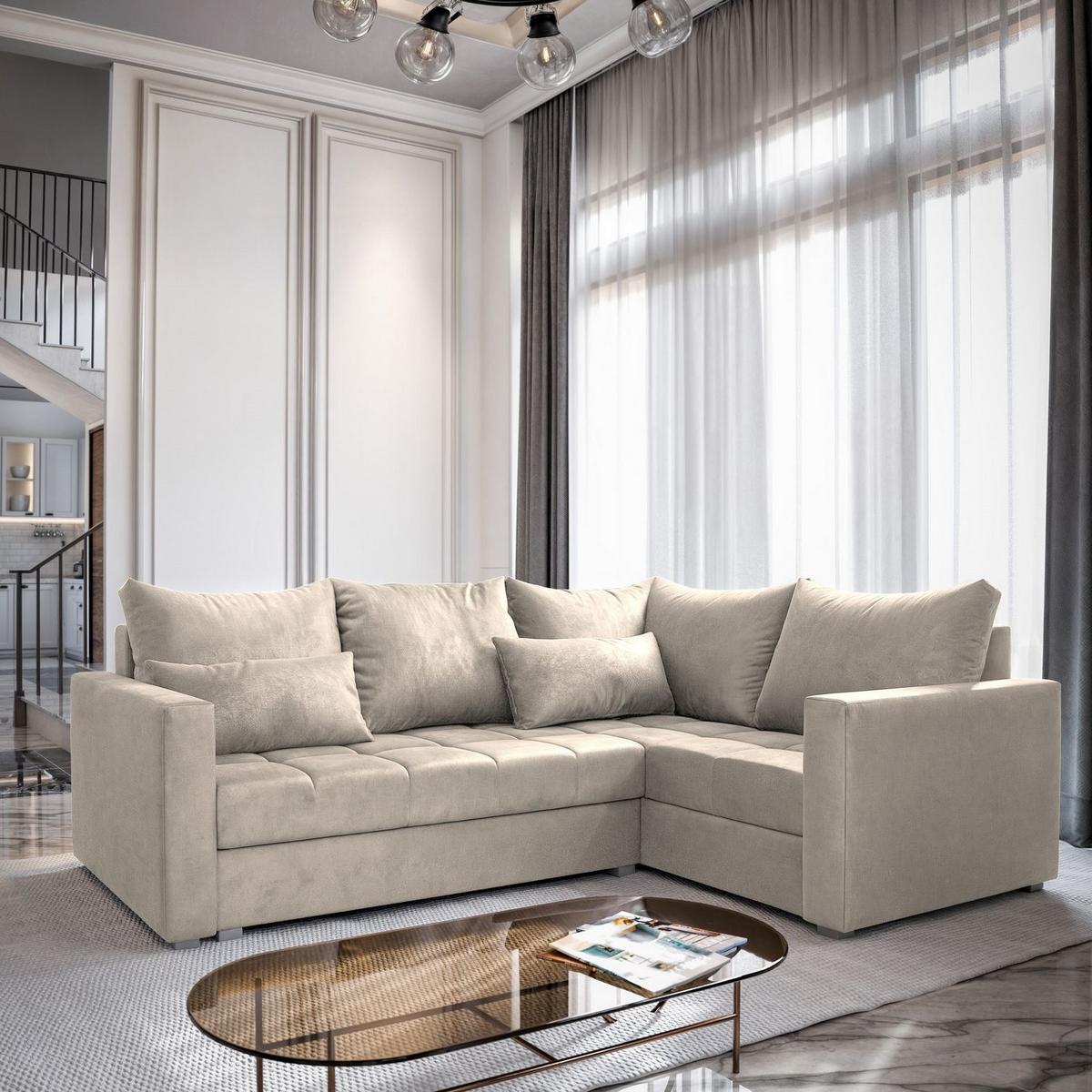 ECKSOFA LIRENO R-S Beige Plüsch-Stoff mit Schlaffunktion - Beige/Grau, Holz/Kunststoff (220/153cm) - MASSENO