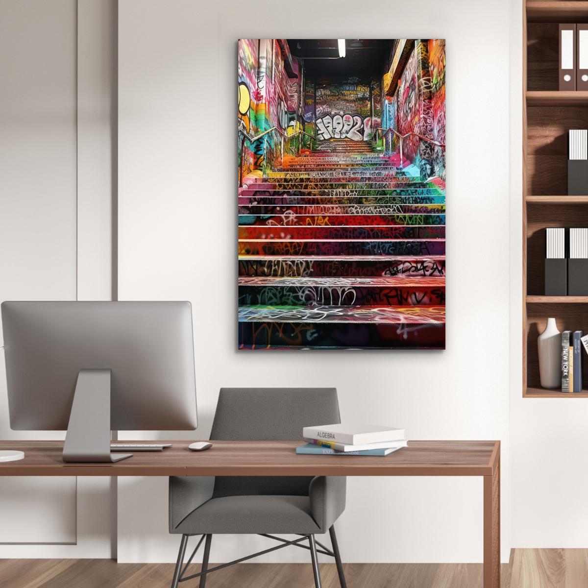 METALLBILD Treppe - Graffiti - Farben - Kunst 80x120 cm - Multicolor, Metall (80/120cm) - MuchoWow