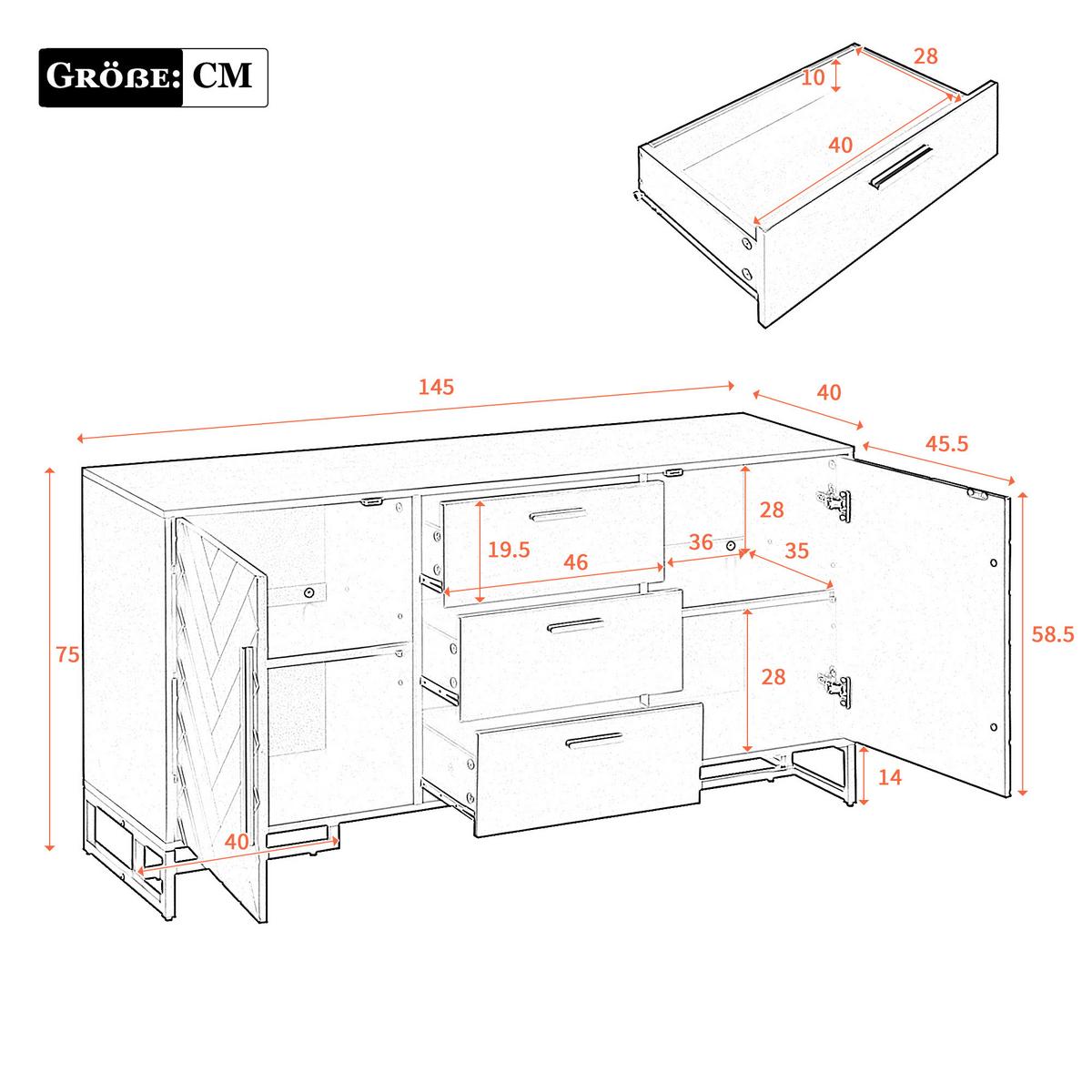SIDEBOARD in Weiß & Gold mit 2 Türen & 3 Schubladen - Weiß, Holzwerkstoff (145/75/40cm) - Urban Meuble
