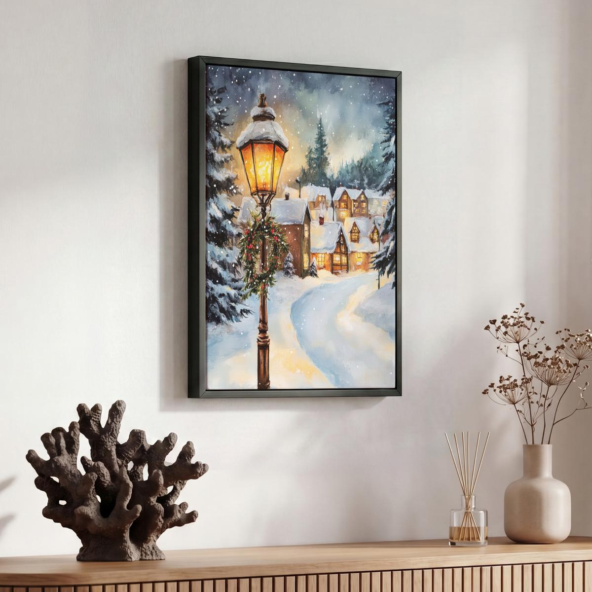 LEINWAND Bilder mit Rahmen - Weihnachtsdorf - Häuser - Schnee - Weihnachten - 30x40 - Sandfarben, Textil (30/40cm) - MuchoWow