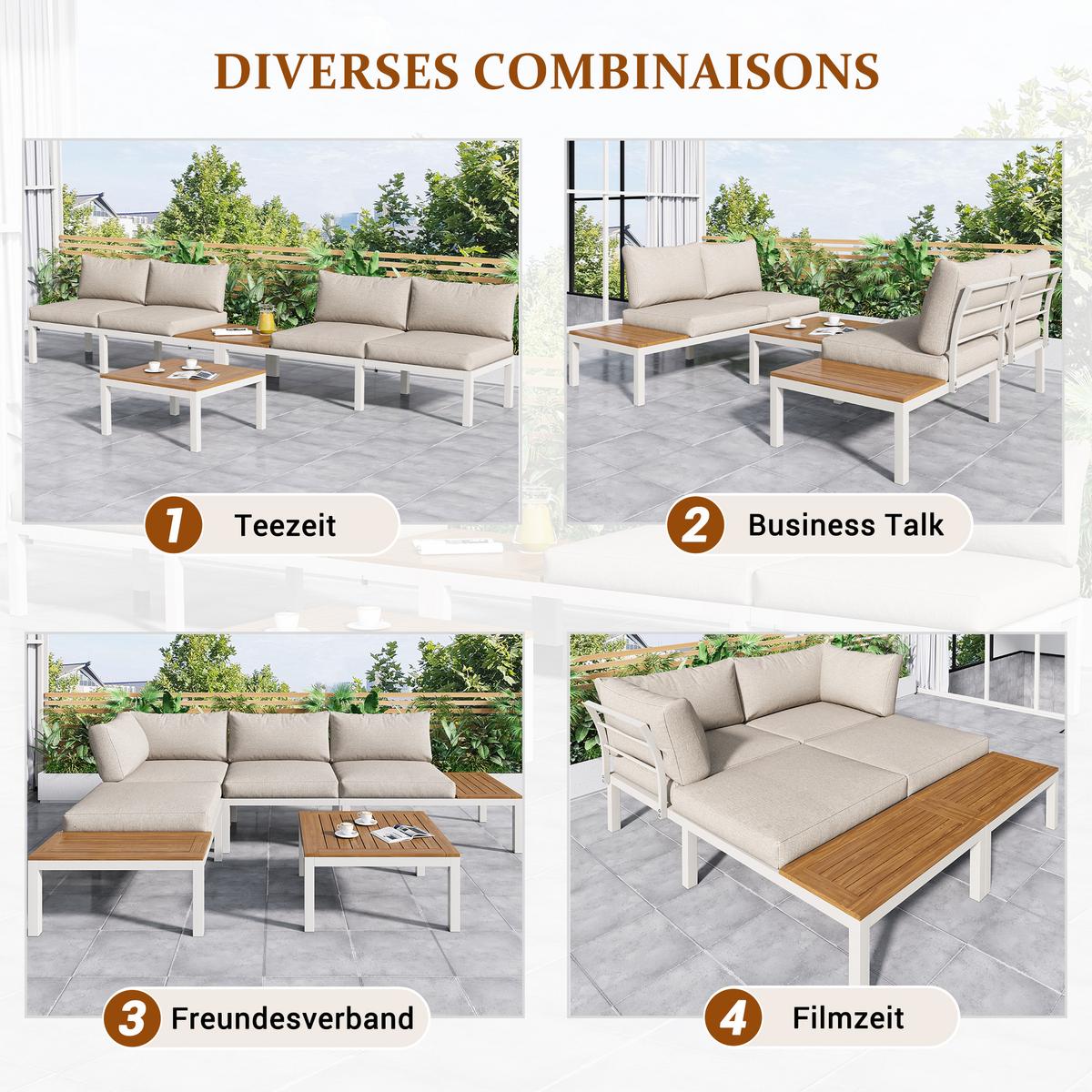 LOUNGEGARNITUR 5-tlg. Stahl & Akazie Beige Gartensofa mit Tisch & Beistelltischen - Beige, Metall - Urban Meuble