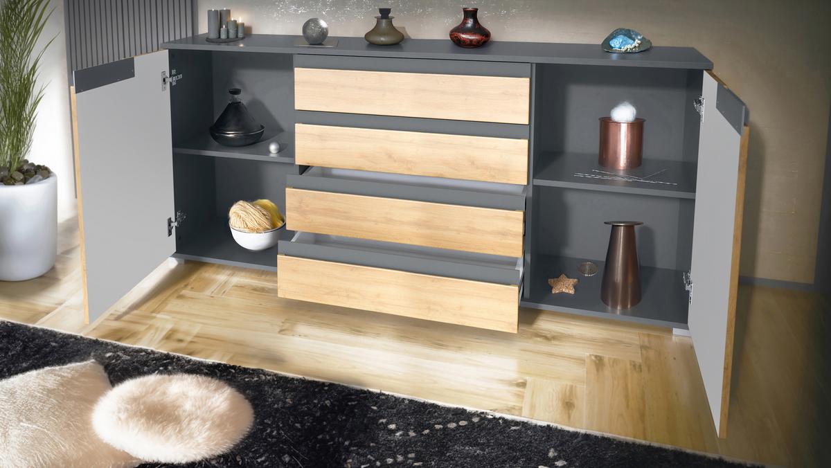 SIDEBOARD Sylt Grau Hochglanz / Schwarz Hochglanz - Grau, Holzwerkstoff (166.5/75.5/35cm) - Vladon