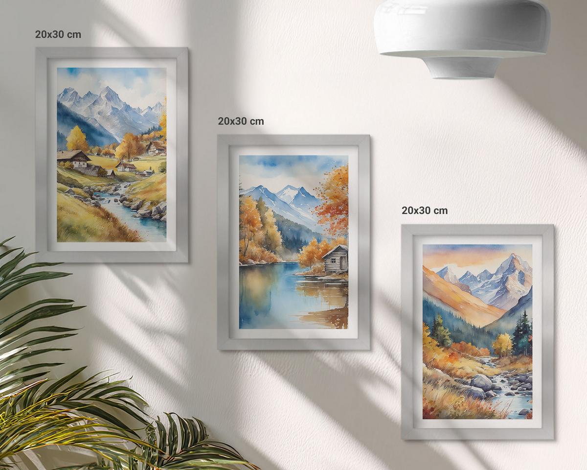 BILDER SET 3er Set - 20x30 cm Silberner Rahmen - Herbstliche Berge, Flusshäuser - Silberfarben, Kunststoff (20/30cm) - TULUP