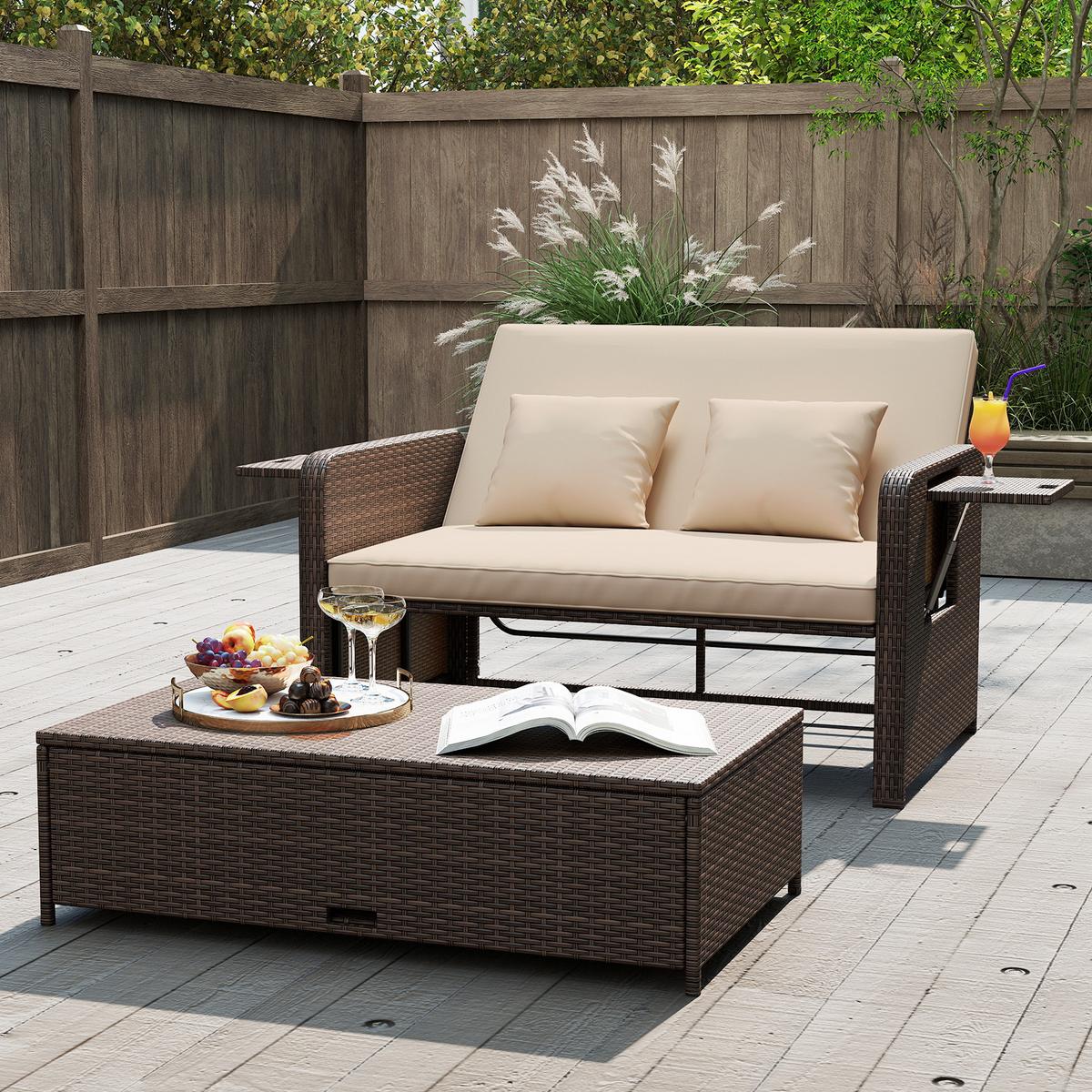 SONNENLIEGE mit Hocker und Stauraum braun - Braun, Metall (166/55/111cm) - COSTWAY