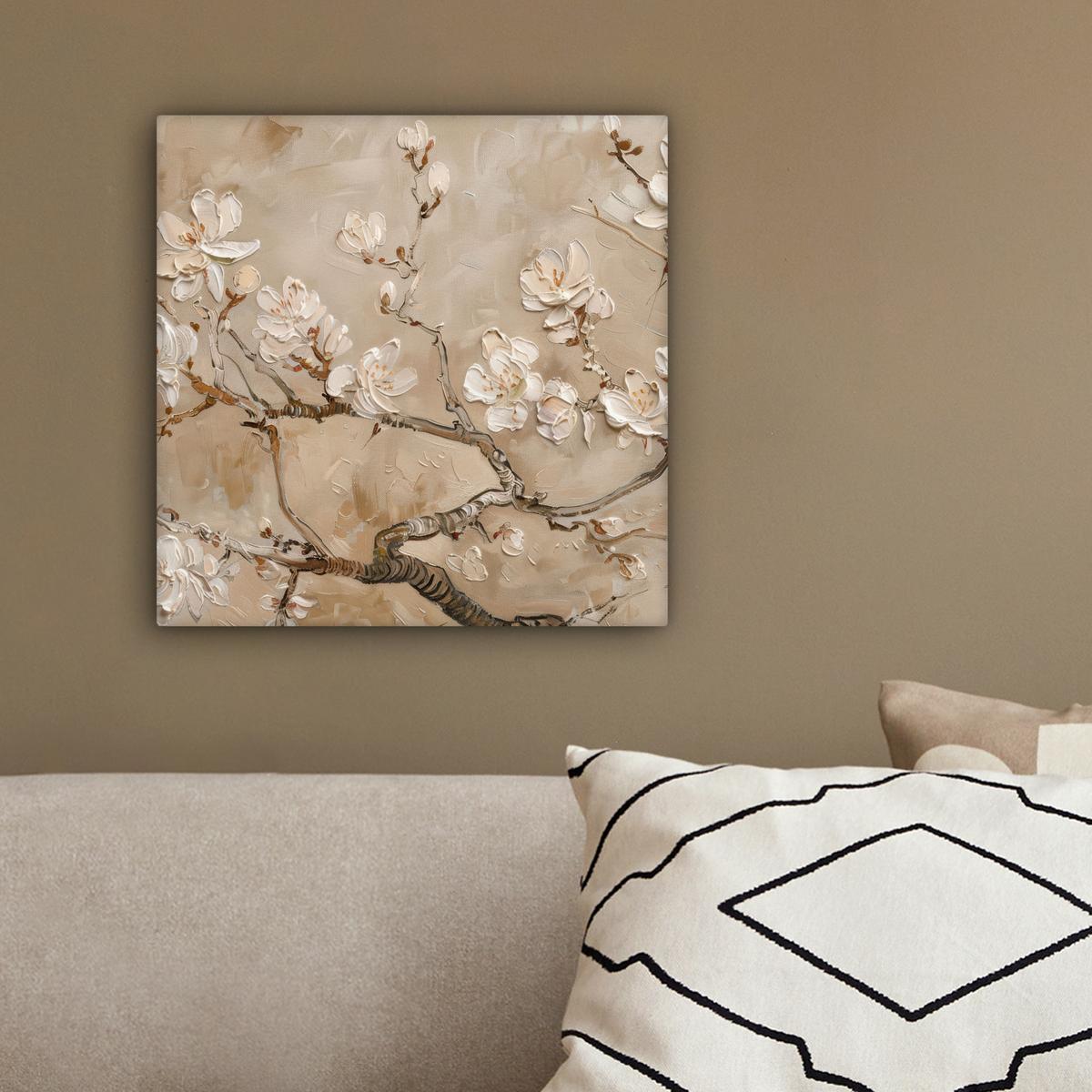 LEINWANDBILD Blumen - Modern - Beige - Weiß - Blüte Deko Wohnzimmer 20x20 cm - Beige, Textil (20/20cm) - MuchoWow