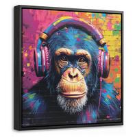 LEINWAND Bilder mit Rahmen - Graffiti - Schimpanse - Straßenkunst - Kopfhörer - Affe - 20x20 - Blau, Textil (20/20cm) - MuchoWow