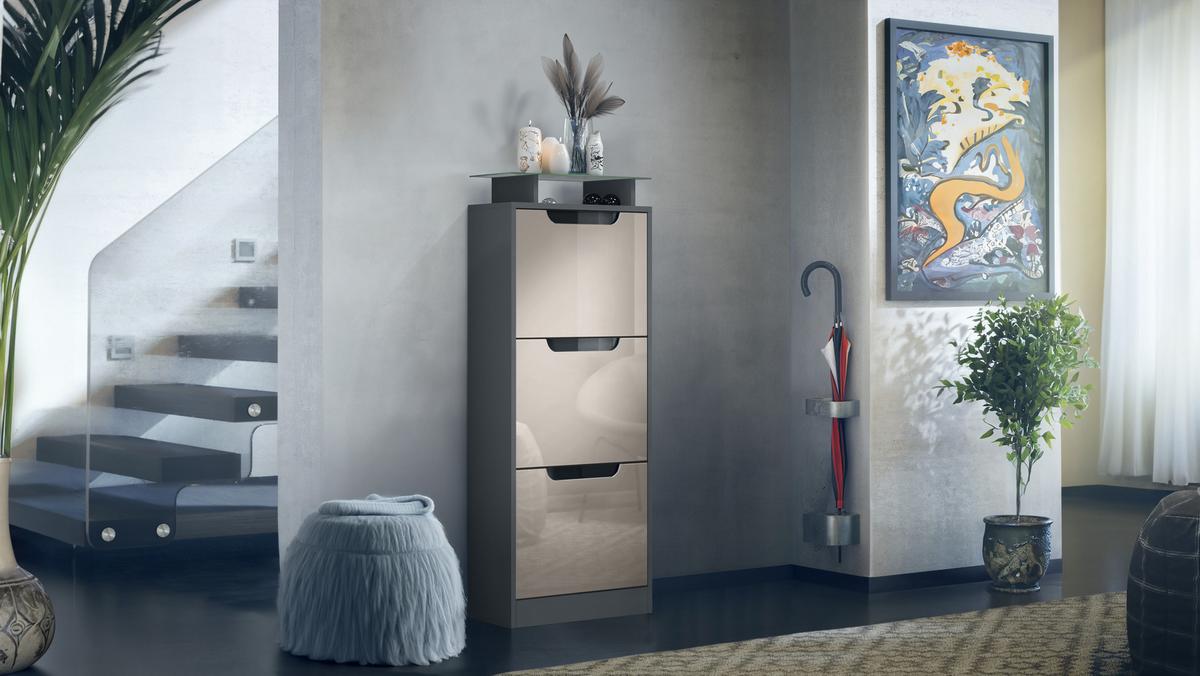 SCHUHSCHRANK Space Sandgrau Hochglanz - Sandfarben, Holzwerkstoff (46/128/23cm) - Vladon