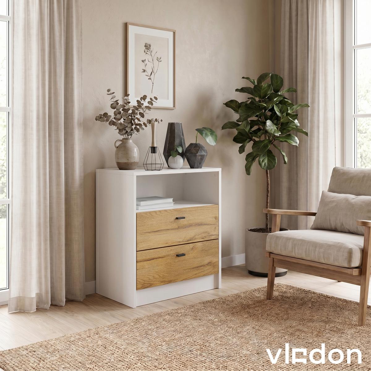 KOMMODE Pino Fronten in Eiche Natur - Eichefarben, Holzwerkstoff (56/67.5/36cm) - Vladon
