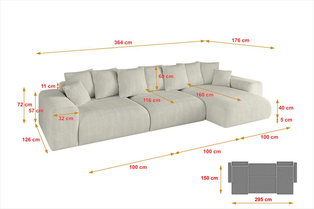 ECKSOFA Ottomane rechts ESKAR-L2 364x176x72 Creme Cord - Ecru/Creme, Holzwerkstoff/Kunststoff (176/364cm) - ALTDECOR