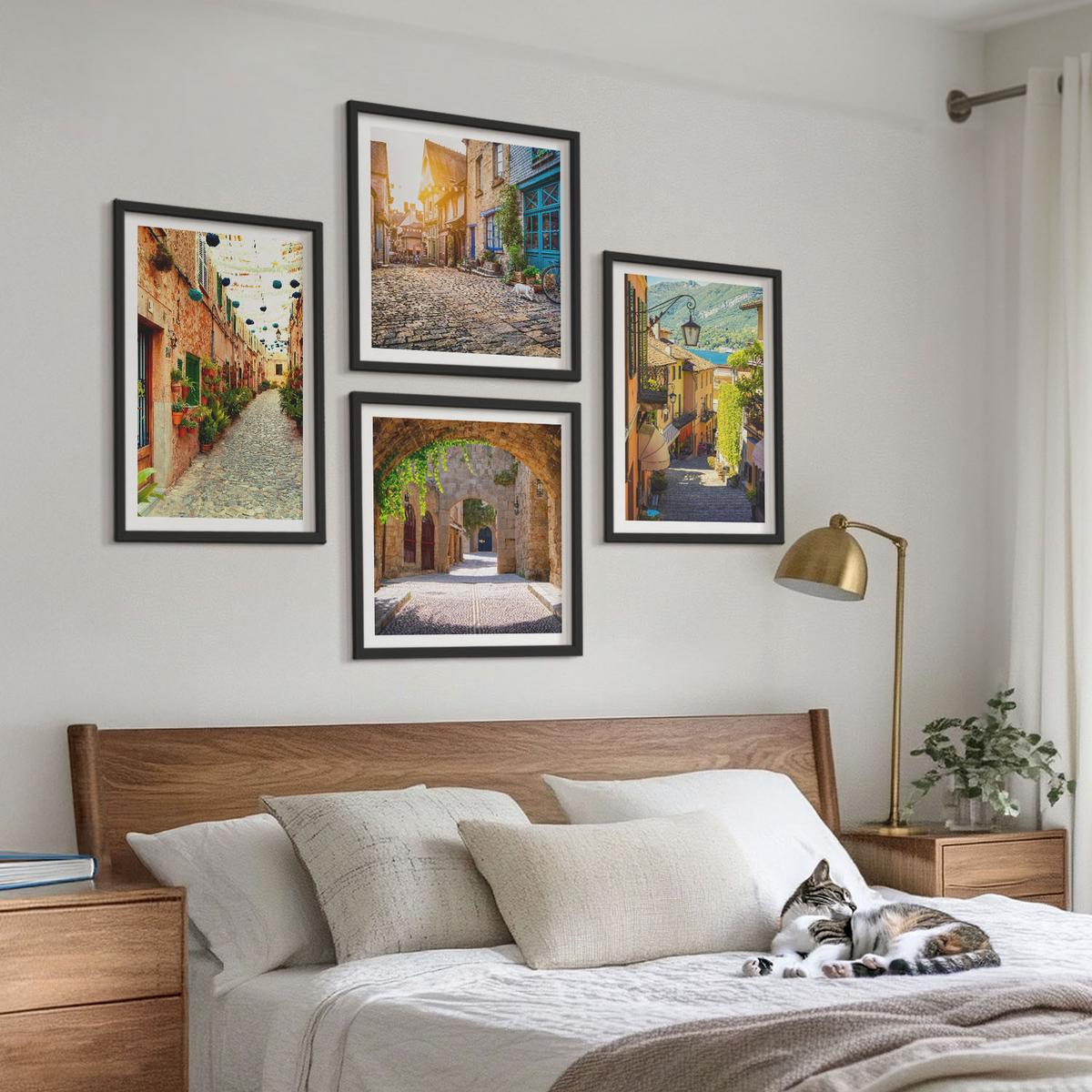 BILDER SET 4er Set - 50x50 cm & 40x60 cm Schwarzer Rahmen - Charmante Straßen mit Steinen - Schwarz, Kunststoff (50/50cm) - TULUP