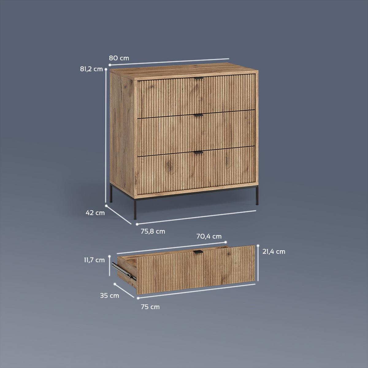 KOMMODE Aterno Viking Oak 42 x 81.2 cm mit 3 Schubladen - Eichefarben, Holzwerkstoff (42/81.2/80cm) - Livinity®