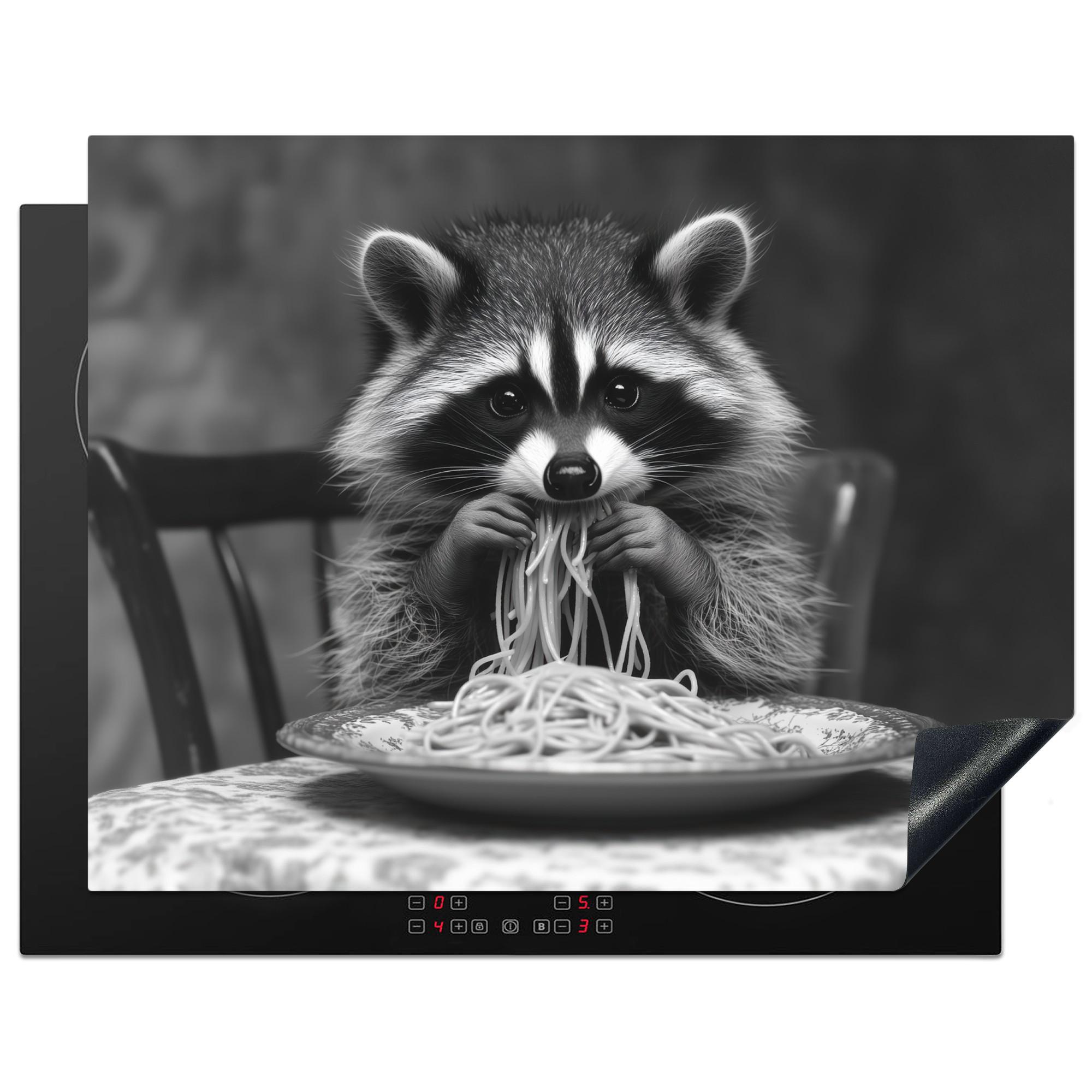 HERDABDECKPLATTE Waschbär - Niedlich - Pasta - Tischtuch - Schwarz - Weiß Induktionsmatte 77x59 cm - Grau, Kunststoff (77/59/0.2cm) - MuchoWow