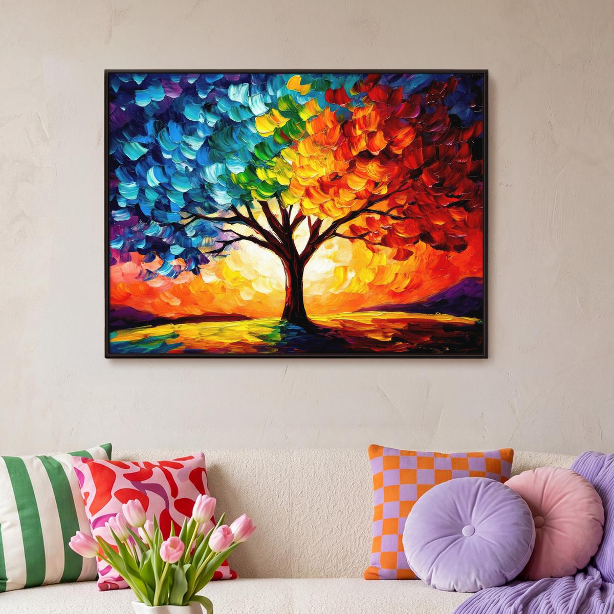 LEINWAND Bilder mit Rahmen - Baum - Kunst - Natur - Sonnenuntergang - 100x70 - Multicolor, Textil (100/70cm) - MuchoWow