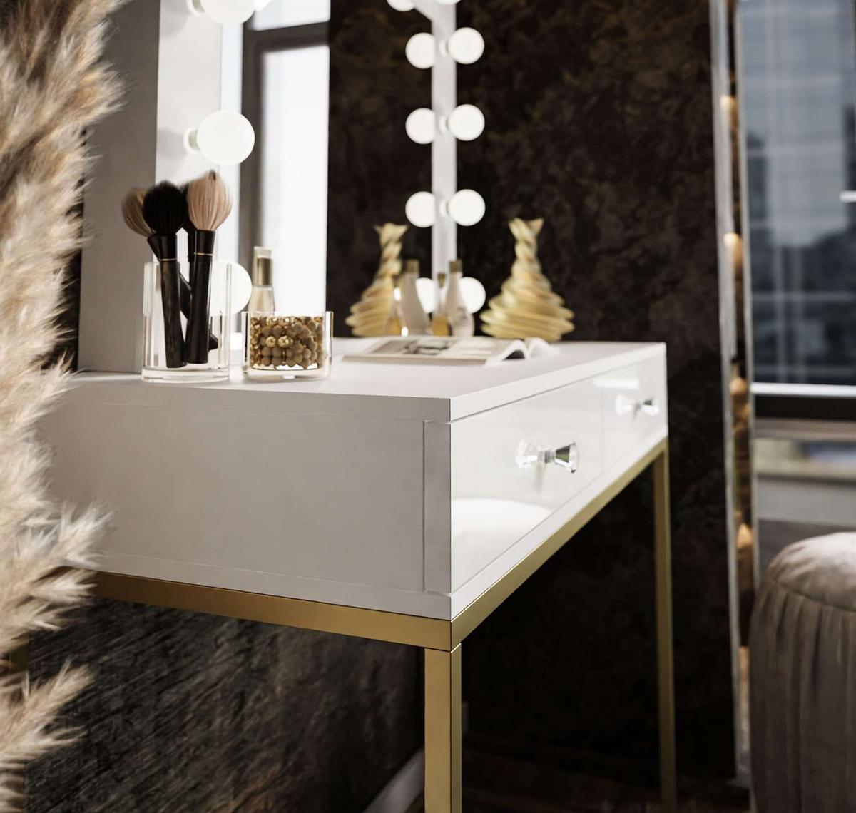 SCHMINKTISCH BLANCO GOLD mit Spiegel und Beleuchtung Weiß Kristallgriff - Goldfarben/Weiß, Holzwerkstoff (100/146/42cm) - Lookway