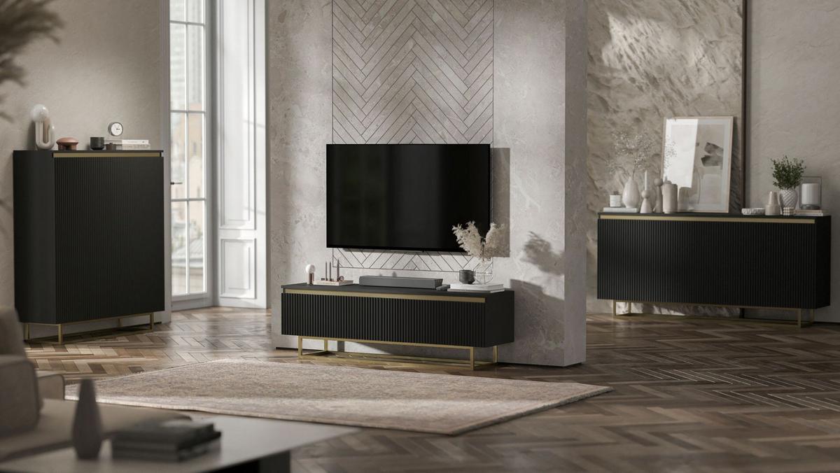 SIDEBOARD Selene 3D Schwarz Matt mit geriffelten Fronten Glamour 167 cm - Goldfarben/Schwarz, Holzwerkstoff/Metall (167/79/35cm) - Meble Lindner