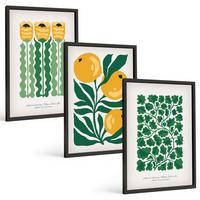 BILDER SET 3er Set - 40x60 cm Schwarzer Rahmen - Pflanzenmuster Blüten Blätter - Schwarz, Kunststoff (40/60cm) - TULUP