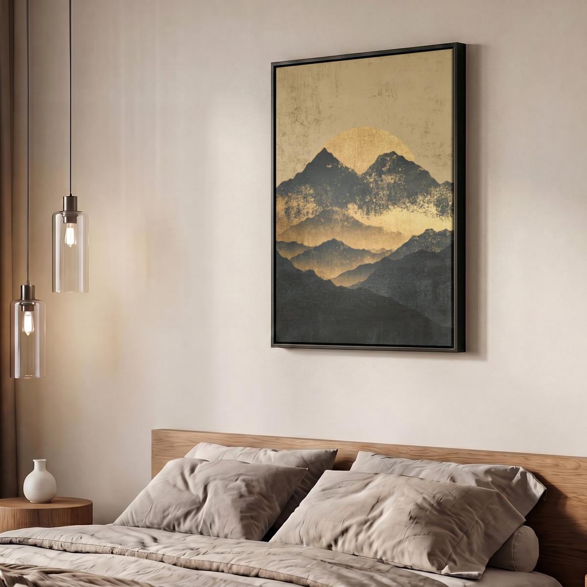 LEINWAND Bilder mit Rahmen - Goldene Berge bei Mondschein - 60x80 - Goldfarben, Textil (60/80cm) - MuchoWow