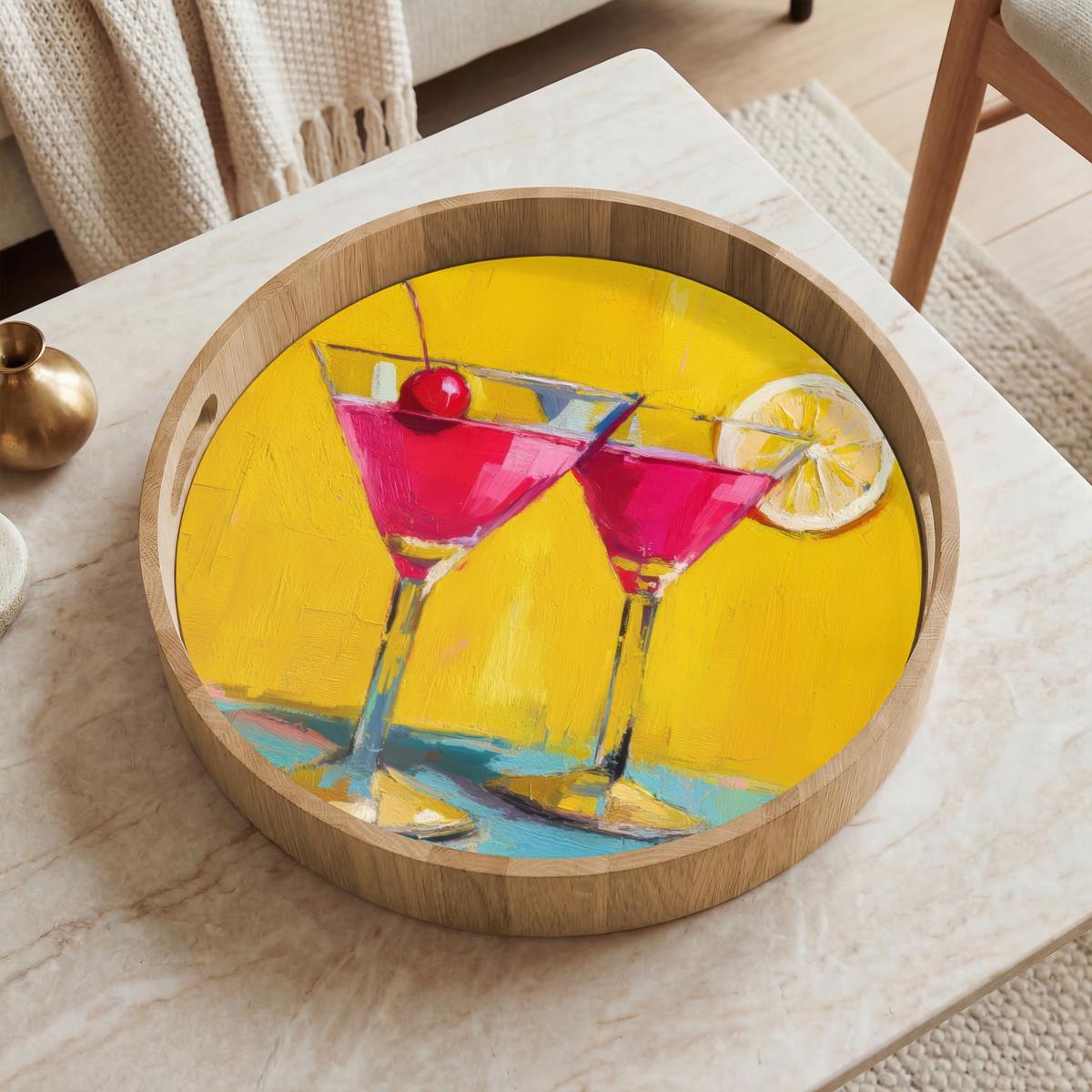 TABLETT Gläser - Cocktail - Zitrone - Kirsche 40x40 cm - Gelb, Holz (40/5/5cm) - OnlyWow