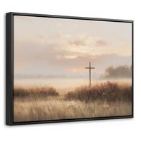 LEINWAND Bilder mit Rahmen - Gras - Morgennebel - Kreuz - Christentum - 40x30 - Beige, Textil (40/30cm) - MuchoWow