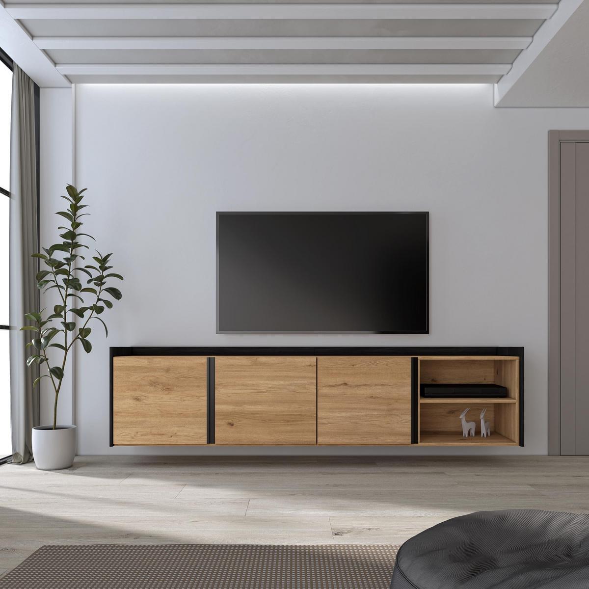 LOWBOARD, Eiche und Schwarz, Hängend, 207/35/50cm - Braun, Holzwerkstoff (207/50/35cm) - Skraut Home