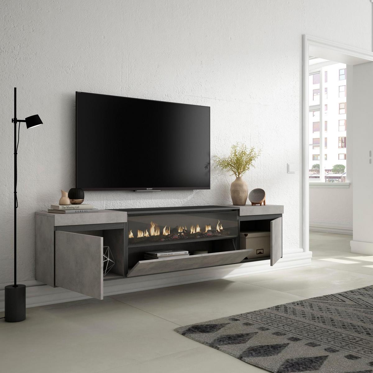TV-SCHRANK mit Elektrokamin, zementgrau, Hängend, 200/35/45cm - Hellgrau/Grau, Holzwerkstoff (200/45/35cm) - Skraut Home