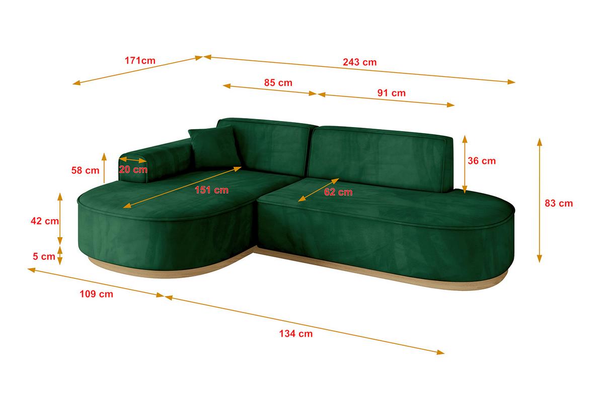 ECKSOFA Ottomane Links MARI-L1-v2 - 243x171x83 cm Dunkelgrün Velours - Dunkelgrün, Holzwerkstoff/Textil (243/171cm) - ALTDECOR