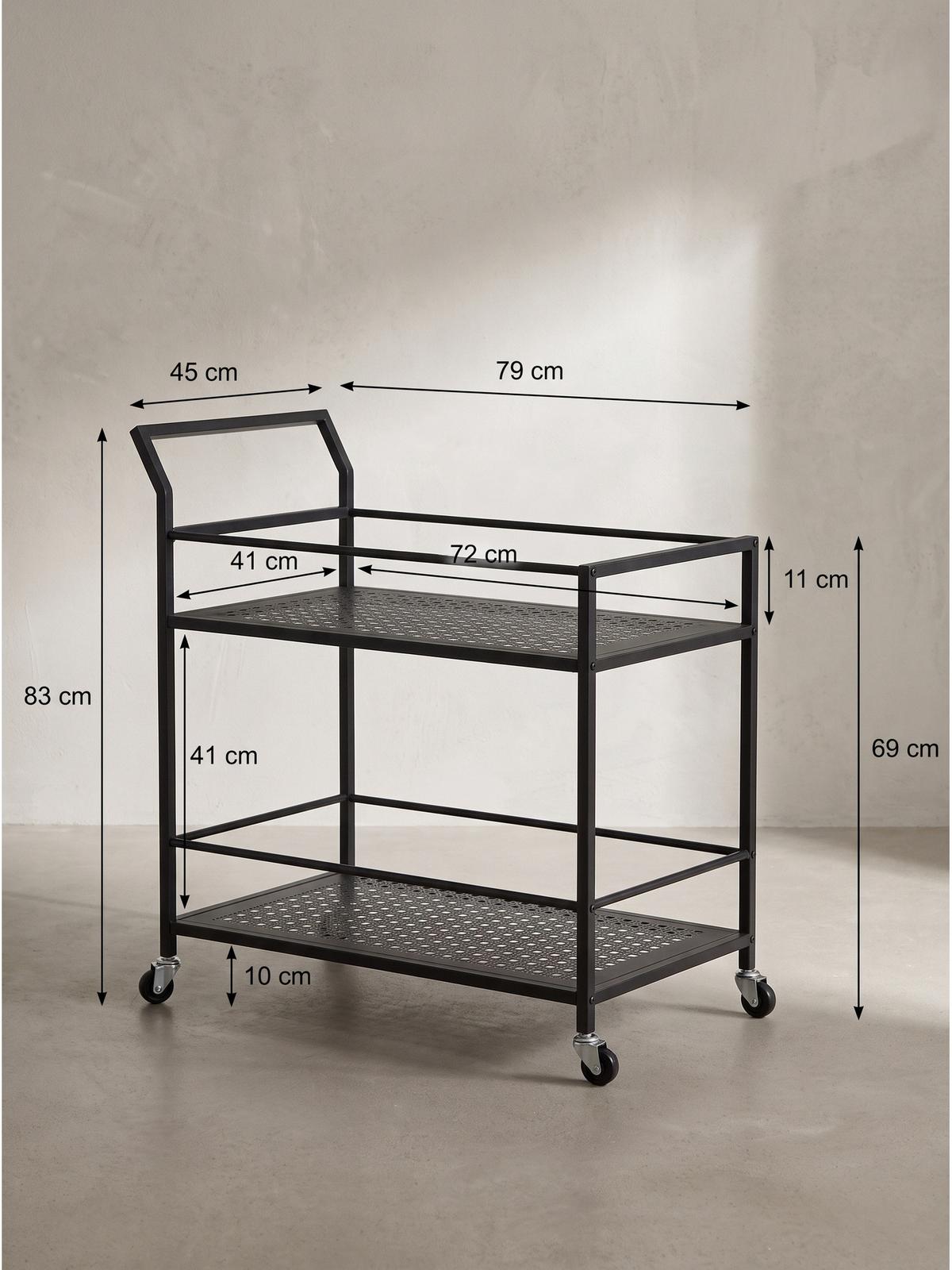 SERVIERWAGEN ALCUDIA, Eisen, mit Ablagen, mit Gitterstruktur, Schwarz, 79 x 45 x 83 cm - Schwarz, Metall (79/83/45cm) - KADIMA DESIGN