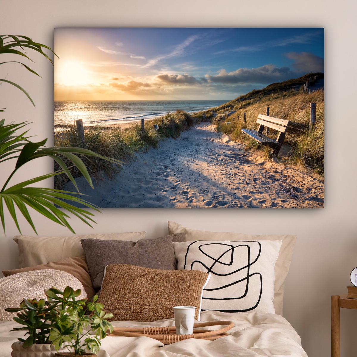 LEINWANDBILD Sonnenuntergang - Strand - Düne - Gras - Ufer Groß 140x90 cm - Sandfarben, Textil (140/90cm) - MuchoWow